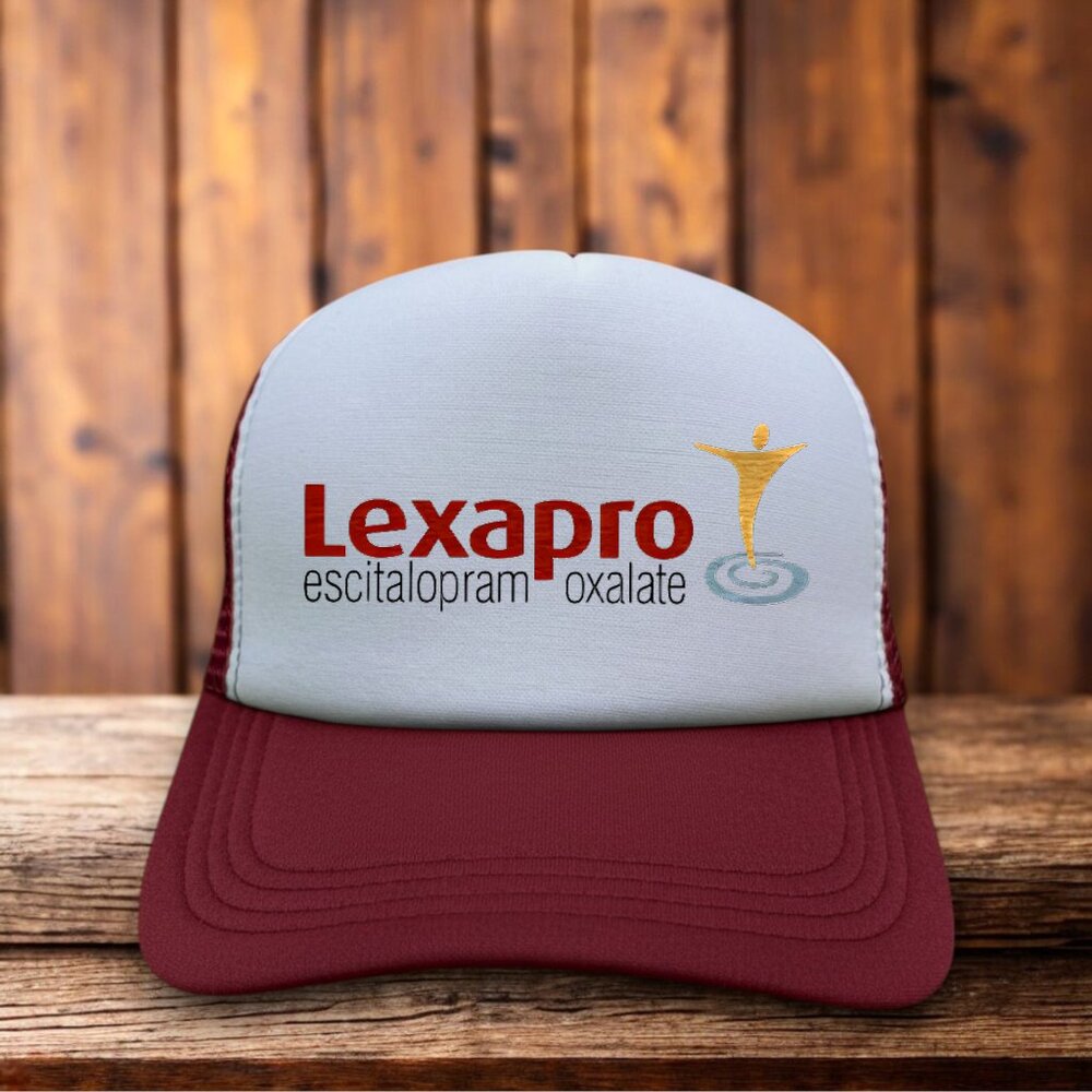 Lexapro Escitalopram Mens Trucker Hat Maroon Mental Health Anti-Anxiety Drug Cap